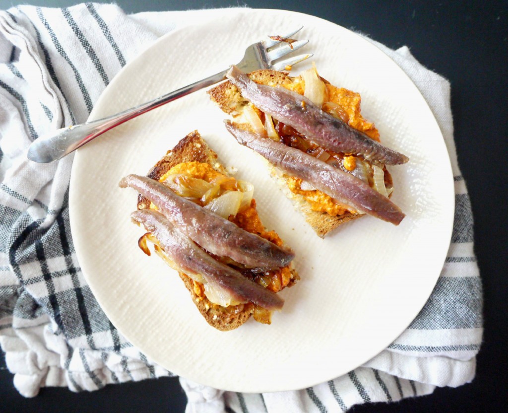 anchovy and caramelized onion toast with pimiento spread 9