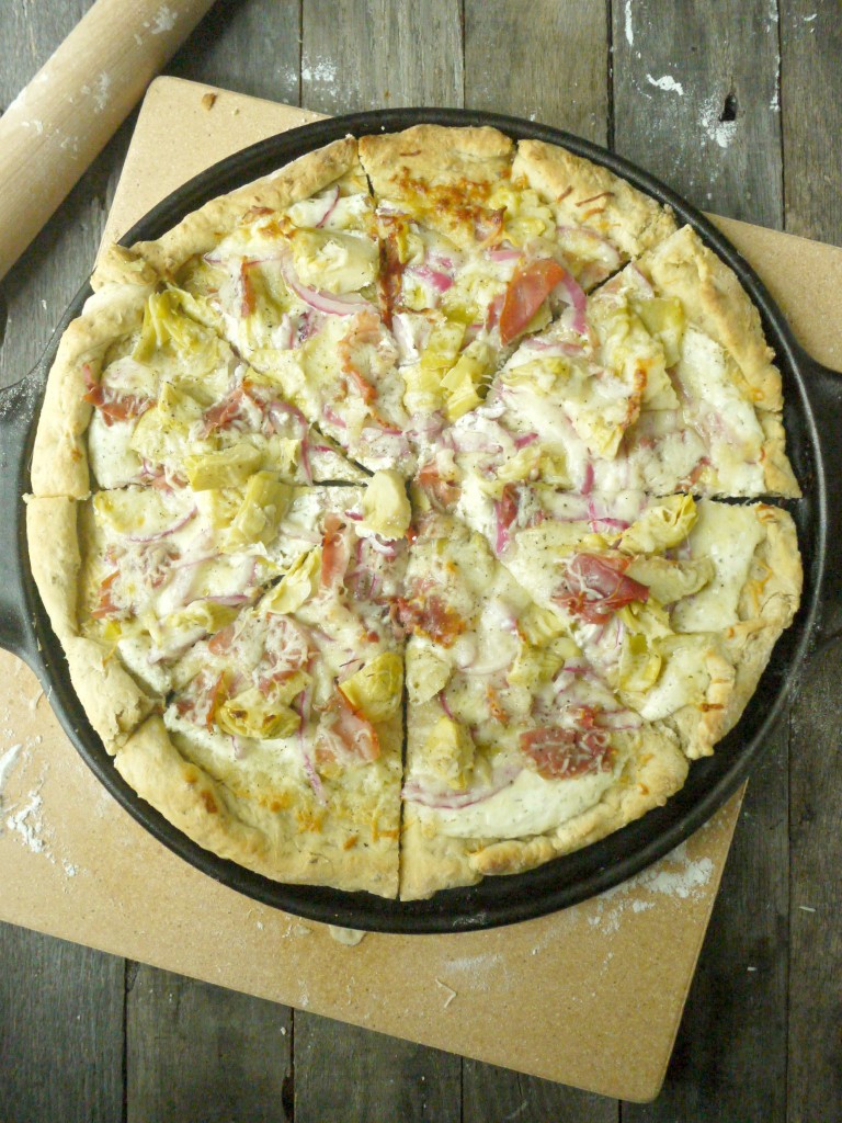 artichoke and prosciutto pizza with yogurt-feta sauce 4