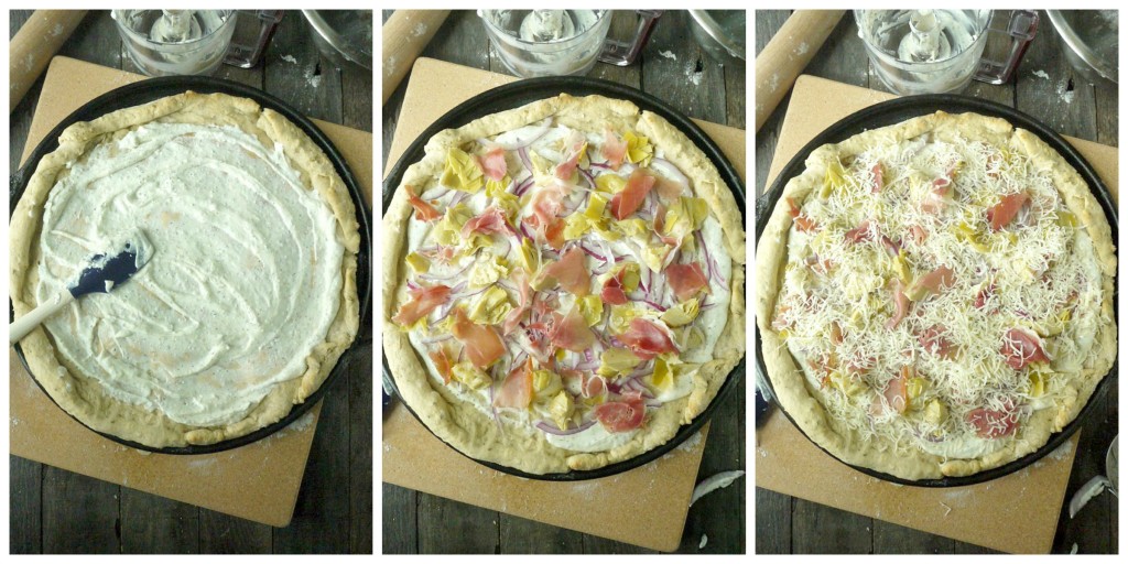 artichoke and prosciutto pizza with yogurt-feta sauce collage