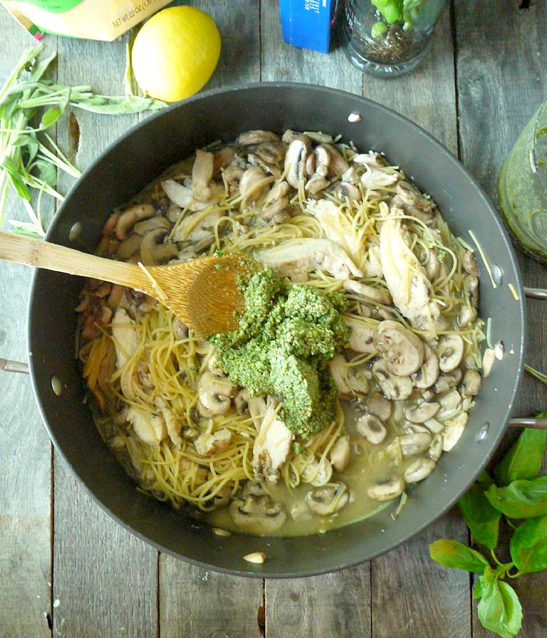 One Pot Chicken and Mushroom Pasta with Sage Pesto 5 adjusted