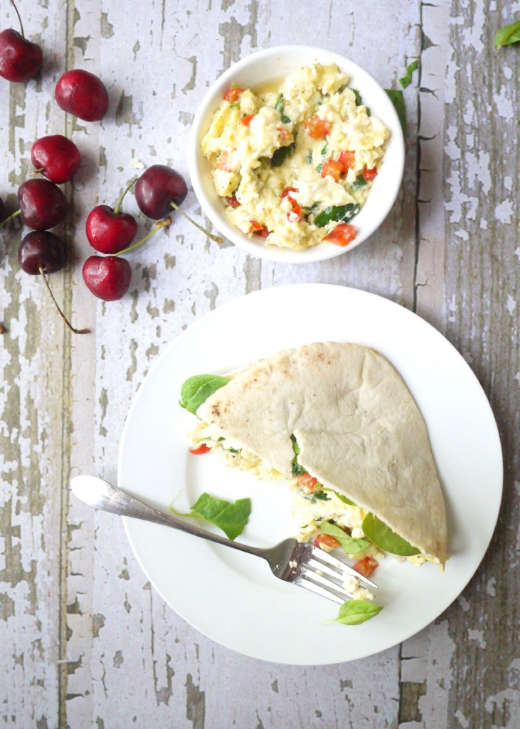 spinach red pepper and feta scrambled eggs with pita 1