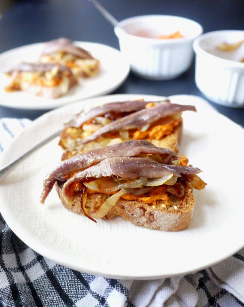 anchovy and caramelized onion toast with pimiento spread 10