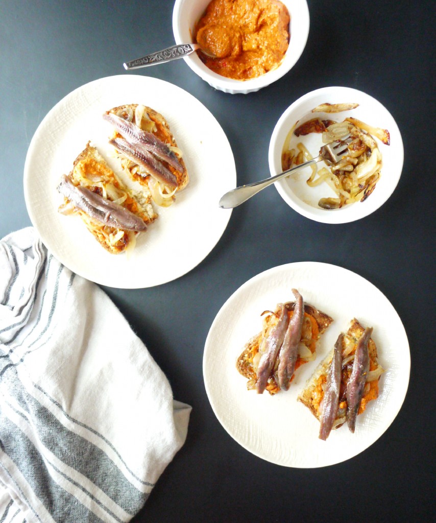anchovy and caramelized onion toast with pimiento spread 6