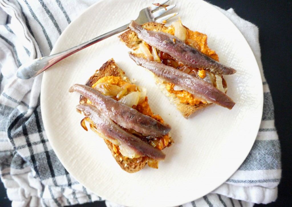 anchovy and caramelized onion toast with pimiento spread 8